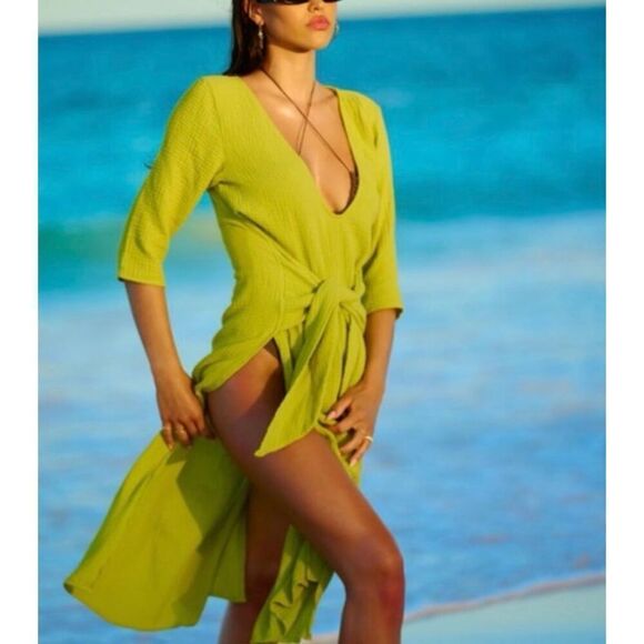 NWOT Tropic of C Antonia  Dress Tie Waist Wrap Dress Lime Green XS - Picture 1 of 10